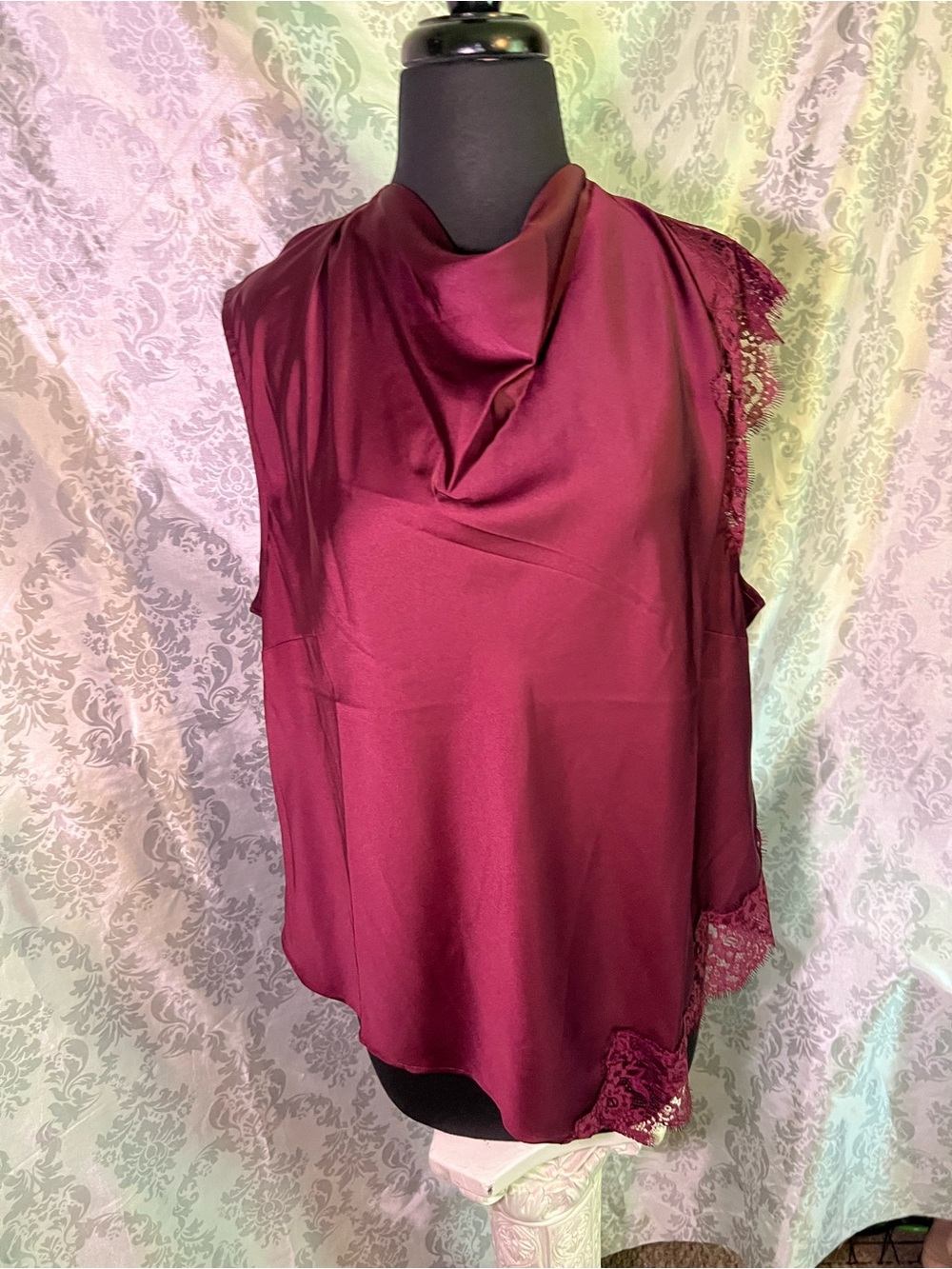 INC International Concepts Burgundy Satin Cowl Neck Camisole with Lace